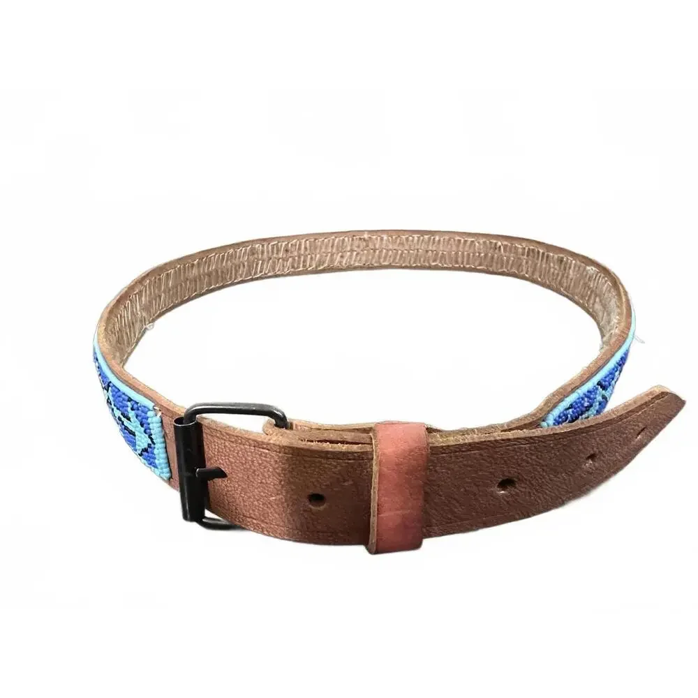 70s Vtg Hand Beaded Blue Southwestern Pattern Tan Leather Belt 35" - Picture 3 of 7